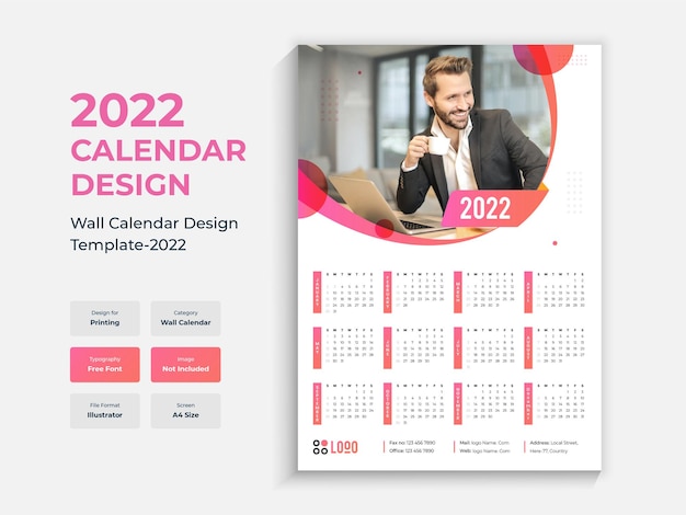 2022 enkele pagina wandkalender ontwerpsjabloon kleurrijke multifunctionele nieuwjaarskalender