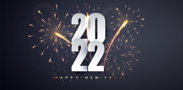 2022 Gelukkig nieuwjaar. Elegante nummers tegen de achtergrond van flikkerend vuurwerk. Gelukkig Nieuwjaar banner voor wenskaart, kalender.