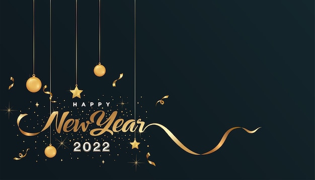 2022 gelukkig nieuwjaar. gelukkig nieuwjaar banner met gouden lint. donkere luxe achtergrond. vectorillustratie. gratis vector