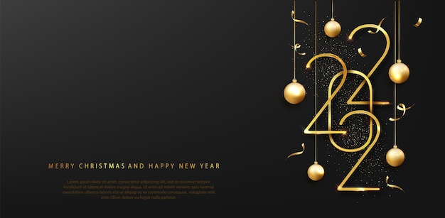 2022 gelukkig nieuwjaar. gelukkig nieuwjaar banner met gouden metalen nummers datum 2022. donkere luxe achtergrond. vector illustratie.