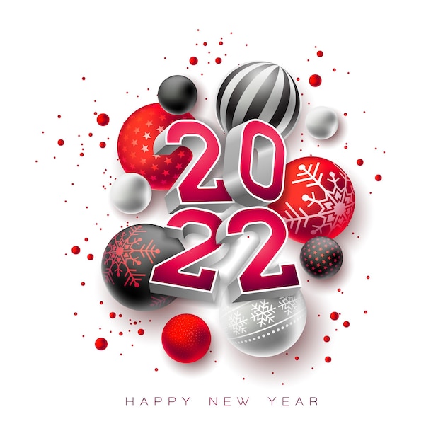 2022 Happy New Year illustratie met 3D-typografie belettering en kerst bal op witte achtergrond