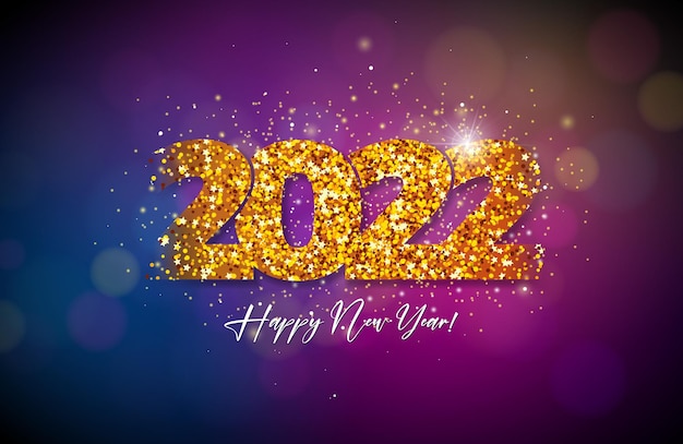 2022 Happy New Year illustratie met glanzend gouden nummer en op donkere achtergrond. Vector vakantie viering ontwerp voor flyer, wenskaart, spandoek, poster, uitnodiging voor feest of kalender.
