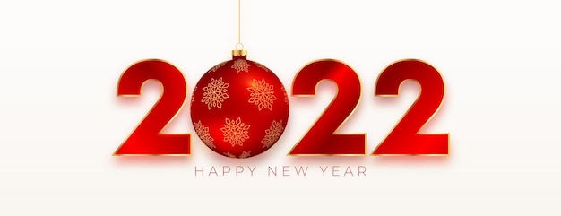 Gratis vector 2022 nieuwjaar glanzende rode tekstbanner met kerstbal