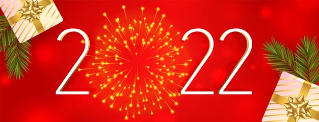 2022 nieuwjaarsvieringbanner met vuurwerk en realistische geschenkdozen