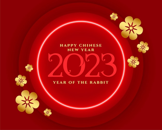 Gratis vector 2023 chinees jaar van konijnenachtergrond met neonframe en bloem