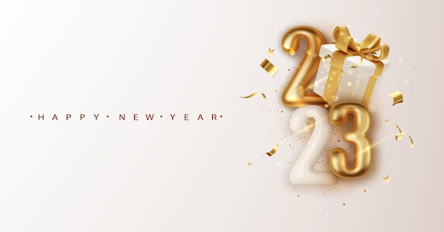 Gratis vector 2023 gouden nummers met kerstcadeaudoos nieuwjaarsbanner met decoratie voor flyers voor kerst- en wintervakanties