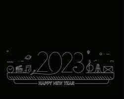 Gratis vector 2023 happy new year-tekst met muziekpictogrammen design patter vector illustration