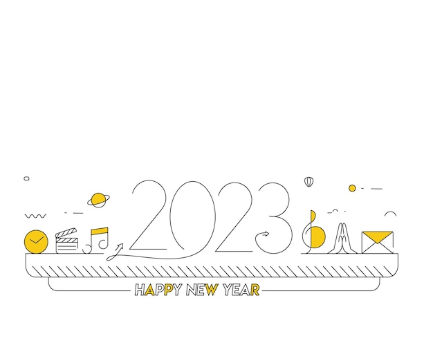 2023 Happy New Year-tekst met muziekpictogrammen Design Patter Vector illustration