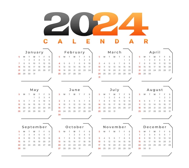 Gratis vector 2024 maandelijkse planning kalendersjabloon een afdrukbare ontwerpvector