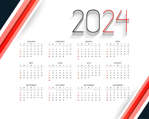 Gratis vector 2024 moderne engelse kalender sjabloon voor gelukkig nieuwjaar vector