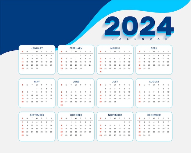 Gratis vector 2024 nieuwjaar kalendersjabloon perfecte kantoorbenodigdheden vector