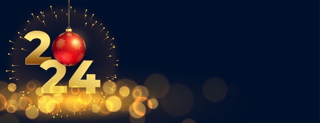 Gratis vector 2024 nieuwjaar vuurwerkvieringsbanner met kerstbal en tekstruimtevector