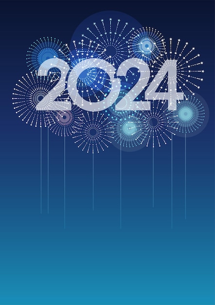 Gratis vector 2024 vector logo en feestelijk vuurwerk met tekstruimte op een blauwe achtergrond