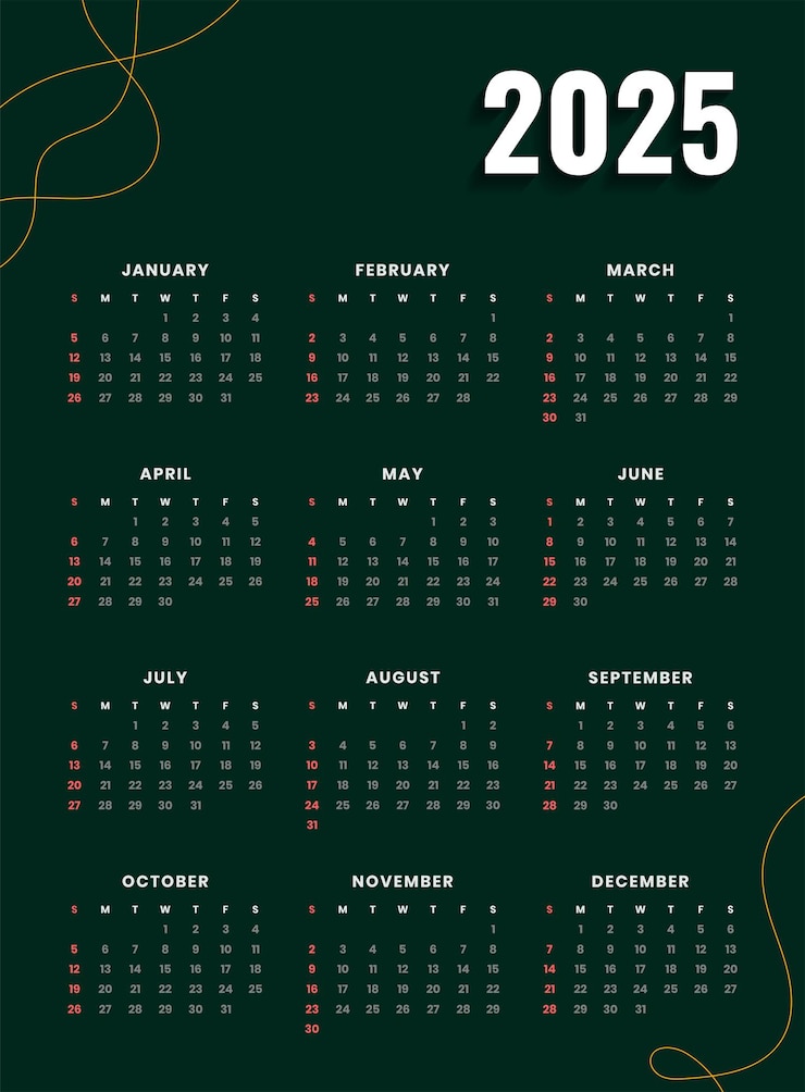 Gratis Vector 2025 kalender sjabloon voor nieuwjaarsevenementen en zaken