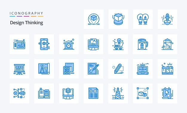 25 design thinking blue icon pack vector iconen illustratie