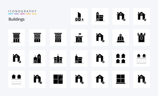 Gratis vector 25 gebouwen solid glyph-pictogrampakket