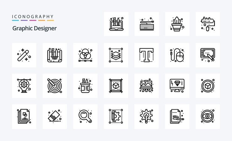Gratis Vector 25 graphic designer line icon pack vector iconen illustratie