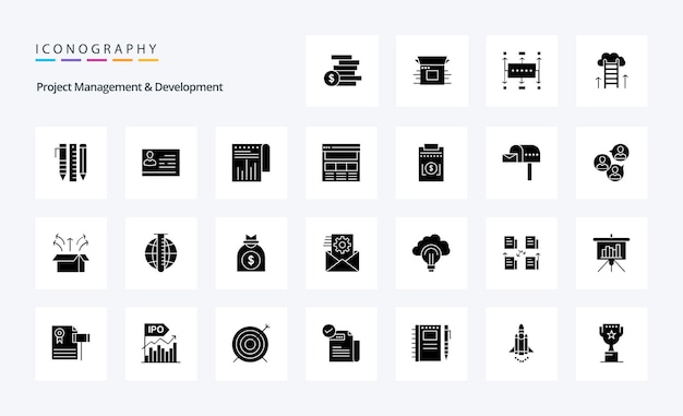25 projectmanagement en -ontwikkeling solid glyph icon pack vector iconen illustratie