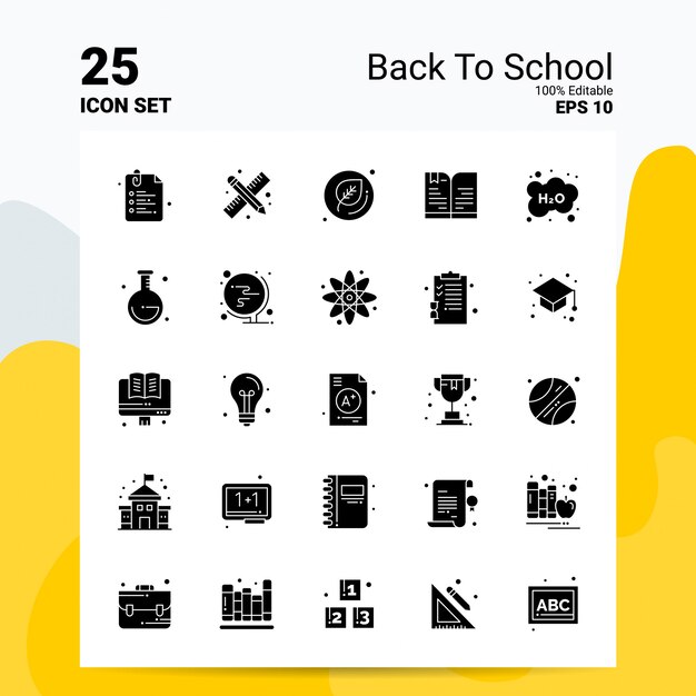 25 Terug naar school Icon Set Bedrijfslogo Conceptideeën Solide Glyph-pictogram