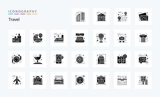 25 travel solid glyph icon pack vector iconen illustratie