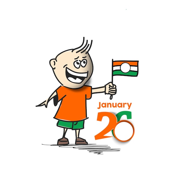 26 januari Republiek dag concept een jongen met hand met Indiase vlag. Cartoon Vector achtergrond.