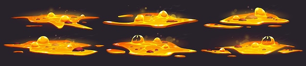 Gratis vector 2d magische vloeibare vulkaan lava plas cartoon vector set geïsoleerde oranje magma vlam beweging voor de hel in mobiele spelomgeving gesmolten metaal gieterij burst explosie textuur ui png textuur clipart