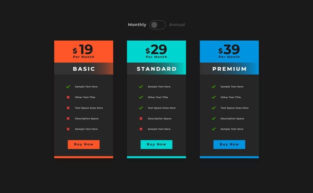 3 optie abonnement of prijsplanning tabel donkere lay-out ontwerp