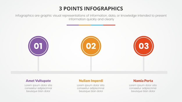 3 punten of stadia infographic concept met juiste richting en tijdlijnstijl voor diapresentatie met 3 puntenlijst