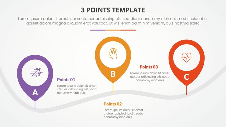 3 punten stadium sjabloon infographic concept voor dia presentatie met pin tagging locatie weg omhoog en omlaag met 3 punten lijst met platte stijl