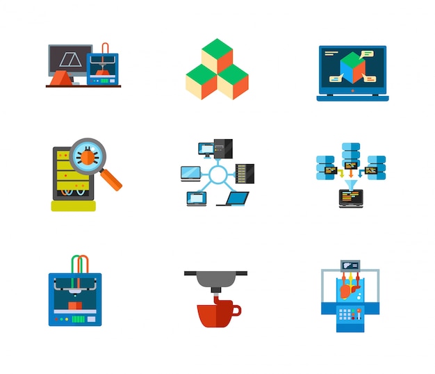 3d-afdrukken en data center icon set