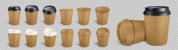 Gratis vector 3d-ambachtelijke koffiekopje geïsoleerde vector mockup set eco theemok met plastic deksel en lege branding ontwerp bruine wegwerpverpakking voor afhaalmaaltijden en ga koud latte drankje professionele sjabloon