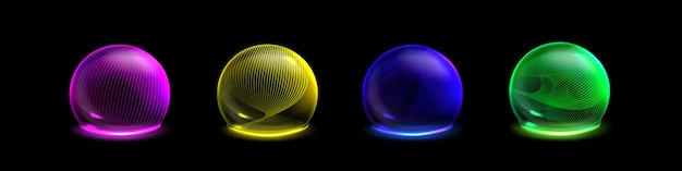 Gratis vector 3d-bolbubbel beschermen schildbarrière-effect glazen balkoepel met abstract cyberraster veilige energietechnologie voor magische verdediging neon blockchain ronde immuunwacht in geelgroen, roze en blauw