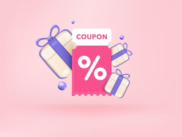 3D-cadeaubon met geschenkdoos en roze coupon Verkoop- en kortingsbonlabel