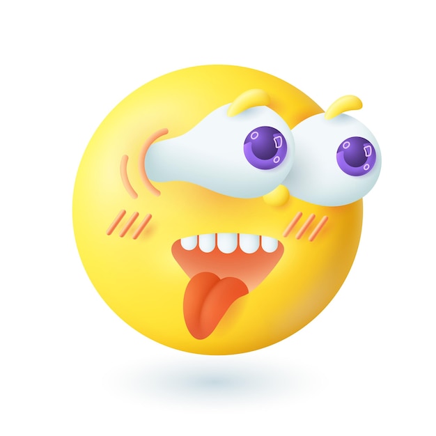 3D cartoon-stijl emoticon met googlen ogen pictogram. Nieuwsgierig of verrast geel gezicht met blos die tong uit platte vectorillustratie steekt. Emotie, uitdrukkingsconcept