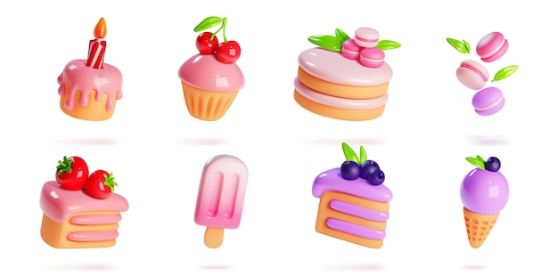 Gratis vector 3d-dessertpictogrammen geïsoleerd op witte achtergrond vector realistische illustratie van zoete cake muffin met verjaardagskaars macaron ijsje versierd met verse bessen smakelijke snoepmenu