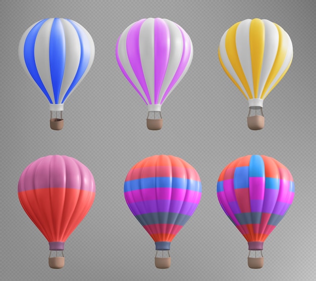 Gratis vector 3d geïsoleerde hoy luchtballon mand reizen illustratie op transparante achtergrond realistische aerostat set in rood blauw en roze streep voor avontuur en recreatie zomer ballonvaren vrije tijd reis