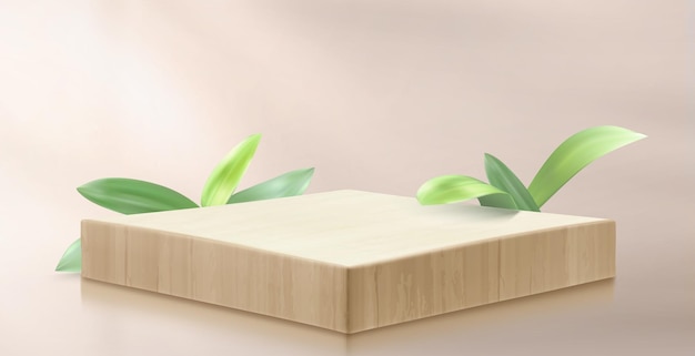 Gratis vector 3d houten platform met groene bladeren