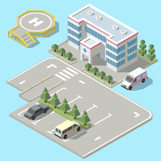 Gratis vector 3d isometrisch ziekenhuis met parkeren. helikopterlandingsbaan voor ambulancevoertuig, vliegtuigen.