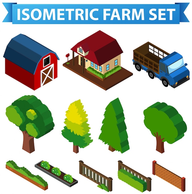 Gratis vector 3d-ontwerp voor de schuur en bomen