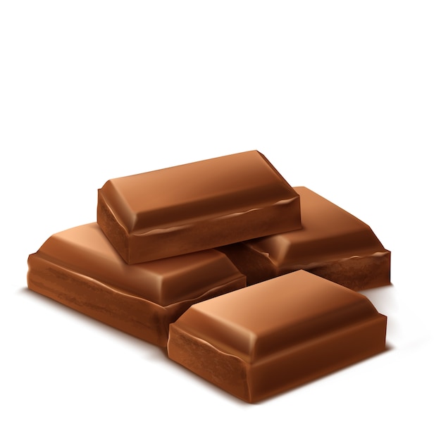 3D-realistische chocoladestukjes. Bruine heerlijke bars voor het verpakken van mock-up, pakketsjabloon