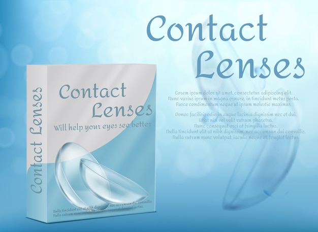 3D-realistische contactlenzen voor ogen in doos. Verpakkend sjabloon voor advertentieaffiche, banner.