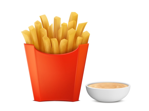 Gratis vector 3d realistische frieten in rode document vakje, mayochup specerij in kom