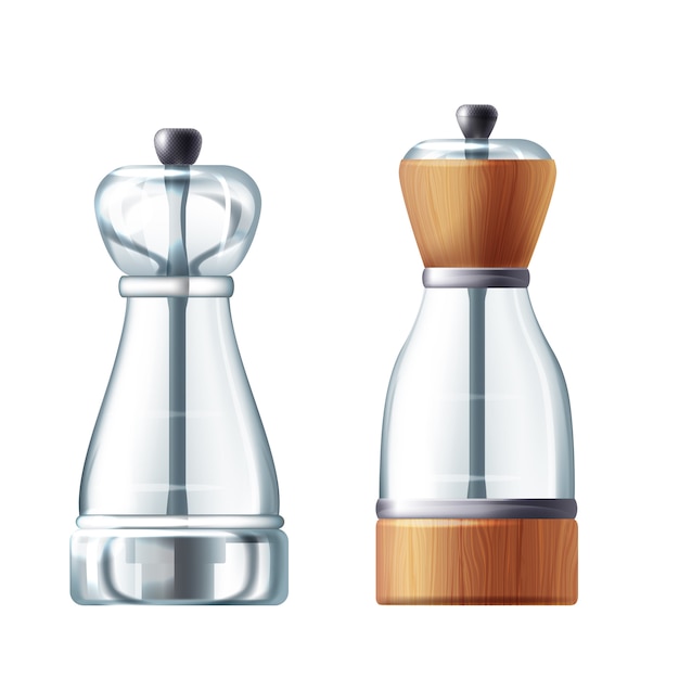 Gratis vector 3d-realistische glas, houten zout en peppermill. transparante shaker voor koken