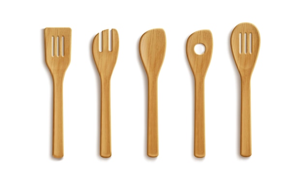 Gratis vector 3d realistische houten lepel en vork keuken bestek
