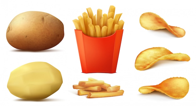 Gratis vector 3d realistische reeks aardappelsnacks, smakelijke frieten in rode doos, rauwe groente en gepeld