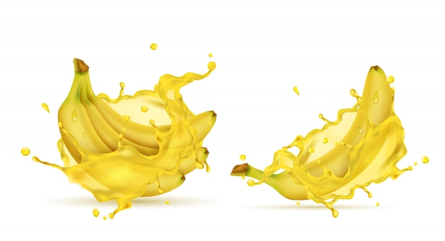 Gratis vector 3d-realistische tropische bananen in spatten van sap.