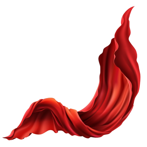 3D-realistische vliegende rode stof. Stromende satijndoek die op witte achtergrond wordt geïsoleerd