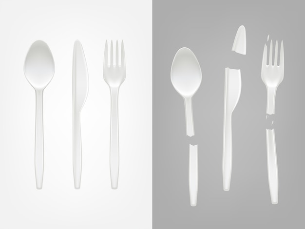 Gratis vector 3d-realistische wegwerp plastic bestek - lepel, vork, mes en gebroken gereedschap
