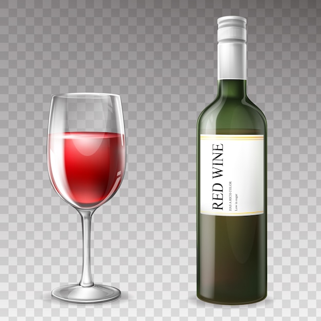Gratis vector 3d-realistische wijnfles met wijnglas