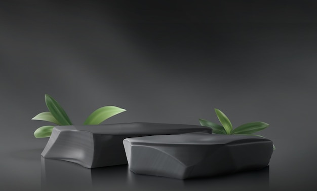 3d stenen podium voor de weergave van cosmetische producten achtergrond minimal beauty rock stand voor badkamer vitrine met groene bladeren scène abstract moderne zwarte huidverzorging presentatie zen interieurontwerp